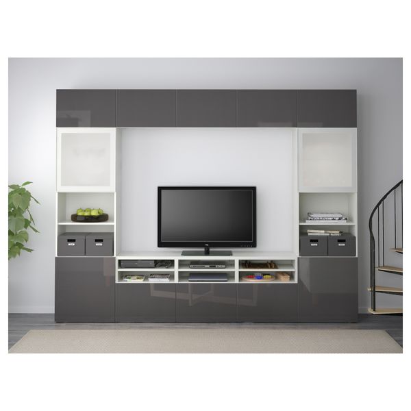 Шкаф для ТВ, комбинированный, стекляные дверцы БЕСТО, белый, Сельсвикен глянцевый/серый матовое стекло (300x40x230 см) - фото 2