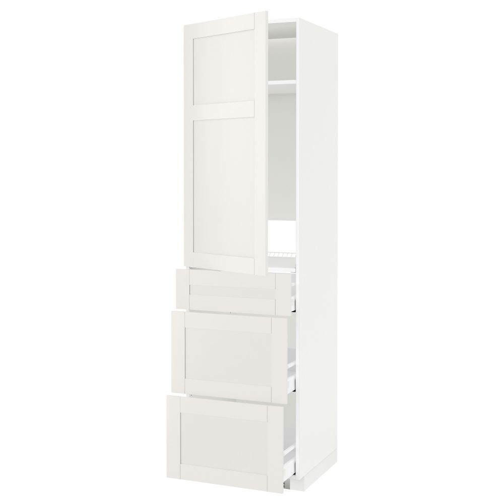 Высокий шкаф для холодильника, с дверцами, 3 ящика МЕТОД / МАКСИМЕРА, белый, Сэведаль белый (60x60x220 см) - схема-чертеж с размерами