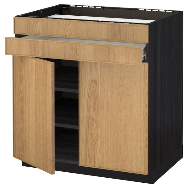 Напольный шкаф для варочной панели, 2 ящика, 2 фасада, 1 ящик МЕТОД / ФОРВАРА, черный, Экестад дуб (80x60 см) - схема-чертеж с размерами