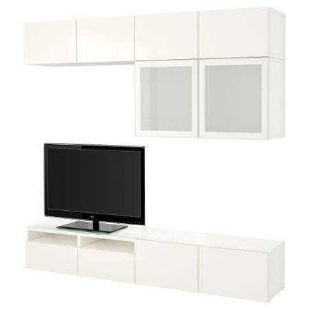 Шкаф для ТВ, комбинированный, стекляные дверцы БЕСТО, белый, Сельсвикен глянцевый/белый матовое стекло (240x40x230 см)