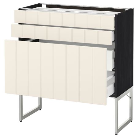 Напольный шкаф 3 фронтальных панели, 2 нижних, 2 средних ящика МЕТОД / МАКСИМЕРА, черный, Хитарп белый с оттенком