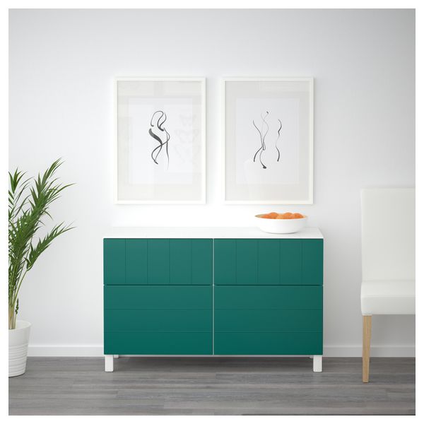 Комбинация для хранения с дверцами, ящиками БЕСТО, белый, Халлставик сине-зеленый (120x42x74 см) - схема-чертеж с размерами