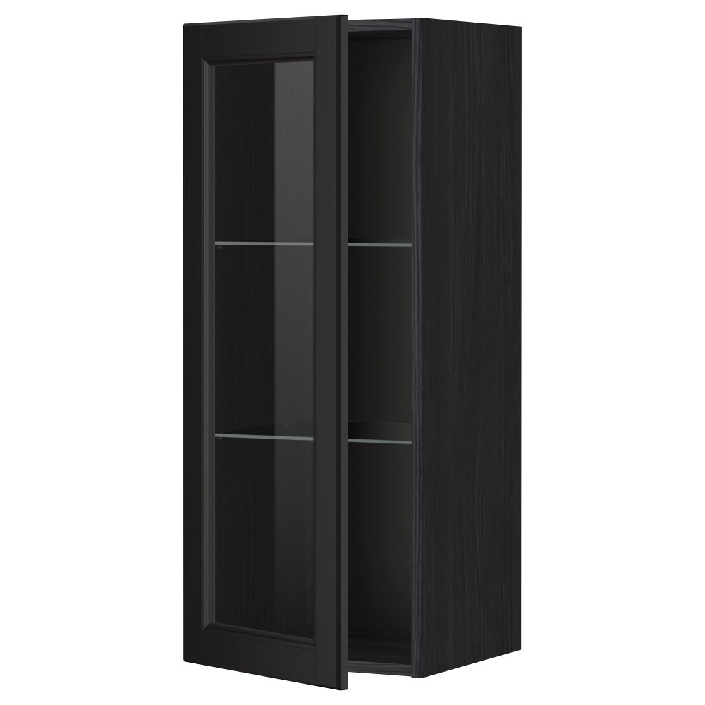 Навесной шкаф с полками, стекляными дверцы МЕТОД, черный, Лаксарби черно-коричневый - схема-чертеж с размерами