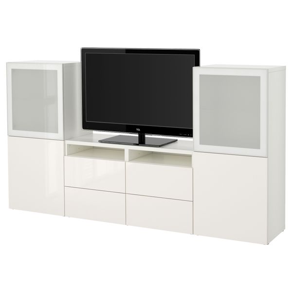 Шкаф для ТВ, комбинированный, стекляные дверцы БЕСТО, белый, Сельсвикен глянцевый/белый матовое стекло (240x40x128 см) - фото 1