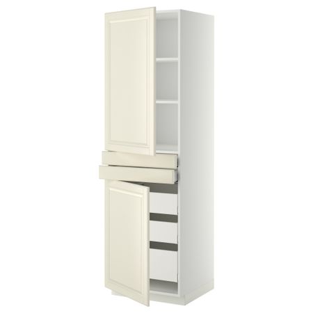 Высокий шкаф + полки, 5 ящиков, 2 дверцы, 2 фронтальных МЕТОД / МАКСИМЕРА, белый, Будбин белый с оттенком