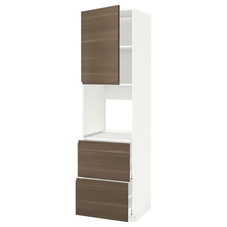 Высокий шкаф для духовки + дверца, 2 форнтальных, 2 высоких ящ, белый/Воксторп грецкий орех 60x60x220 см IKEA METOD МЕТОД /