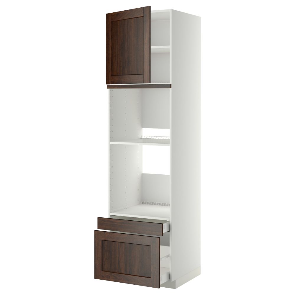 Высокий шкаф для духовки комбинированный, духовка + дверца, 2 ящика МЕТОД / МАКСИМЕРА, белый, Эдсерум коричневый - фото 1