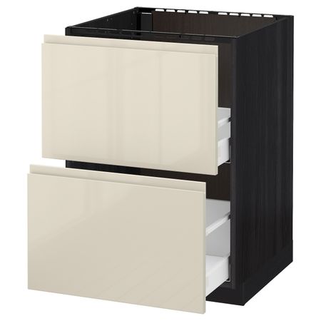Напольный шкаф под мойку + 2 фронтальных панели, 2 ящ, черный, Воксторп глянцевый светло-бежевый 60x60 см IKEA МЕТОД 492.371.95