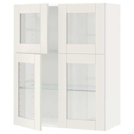 Навесной шкаф с полками, 4 стекло дверцы МЕТОД, белый, Сэведаль белый (80x100 см)