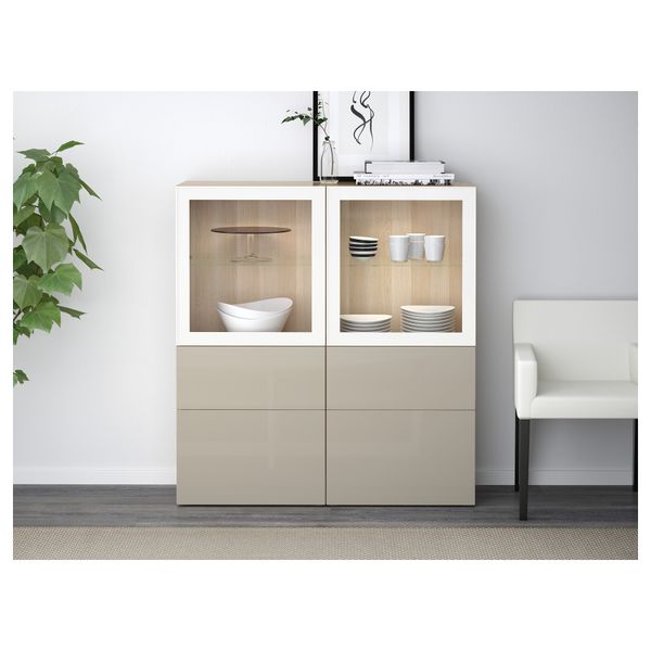 Комбинация для хранения со стеклянными дверцами БЕСТО, под беленый дуб, Сельсвикен глянцевый/бежевый прозрачное стекло - фото 2