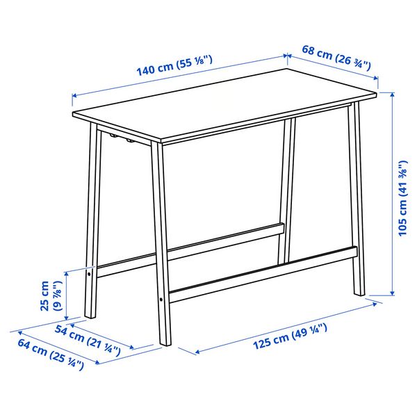 MITTZON МИТТЗОН Конференц-стол - березовый шпон/чёрный 140x68x105 см - схема-чертеж с размерами