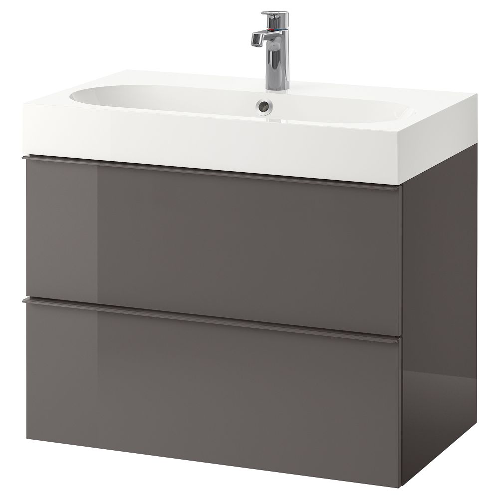 Шкаф для раковины с 2 ящиками, 80x48x68 см, глянцевый серый IKEA BRÅVIKEN БРОВИКЕН, GODMORGON ГОДМОРГОН 698.749.52 - фото 1