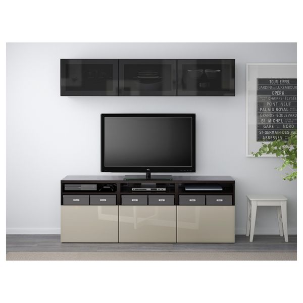 Шкаф для ТВ, комбинированный, стекляные дверцы БЕСТО, черно-коричневый, Сельсвикен глянцевый/бежевый/дымчатое стекло (180x40x192 - фото 2