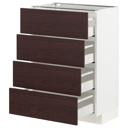 Напольный шкаф 4 фронтальных панели, 4 ящика, белый Аскерсунд/темно-коричневый под ясень 60x37 см IKEA METOD МЕТОД / MAXIMERA