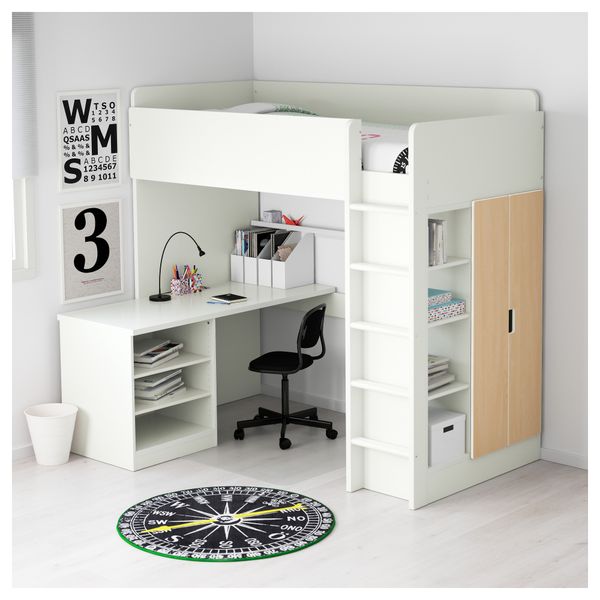 Кровать-чердак, 2 полки, 2 дверцы СТУВА, белый, береза (207x99x193 см) - фото 3