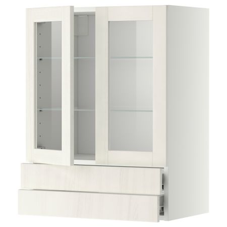 Навесной шкаф, 2 стеклянные дверцы, 2 ящика МЕТОД / ФОРВАРА, белый, Росдаль белый