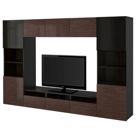 Шкаф для ТВ, комбинированный, стекляные дверцы БЕСТО, черно-коричневый, Сельсвикен глянцевый/коричневый дымчат стекло