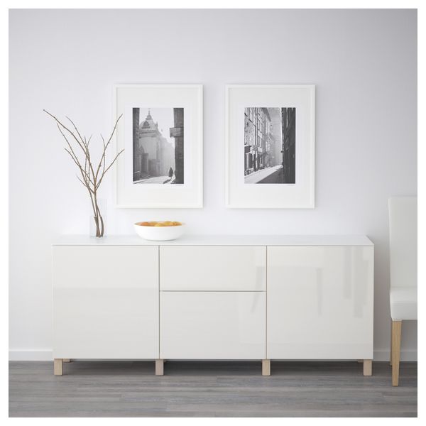 Комбинация для хранения с дверцами, ящиками БЕСТО, под беленый дуб, Сельсвикен глянцевый/белый (180x42x74 см) - схема-чертеж с размерами