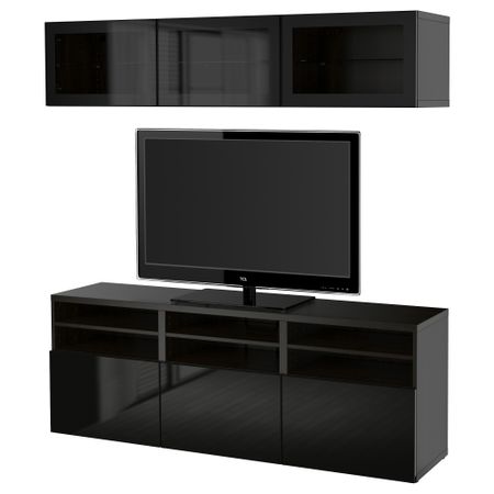 Шкаф для ТВ, комбинированный, стекляные дверцы БЕСТО, черно-коричневый, Сельсвикен глянцевый/черный прозрачное стекло