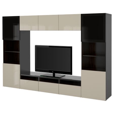 Шкаф для ТВ, комбинированный, стекляные дверцы БЕСТО, черно-коричневый, Сельсвикен глянцевый/бежевый/дымчатое стекло (300x40x192