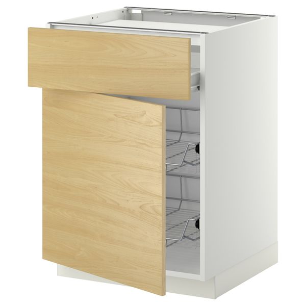 Напольный шкаф для варочной панели, ящик, 2 проволочных корзины МЕТОД / ФОРВАРА, белый, Тингсрид береза (60x60 см) - фото 1