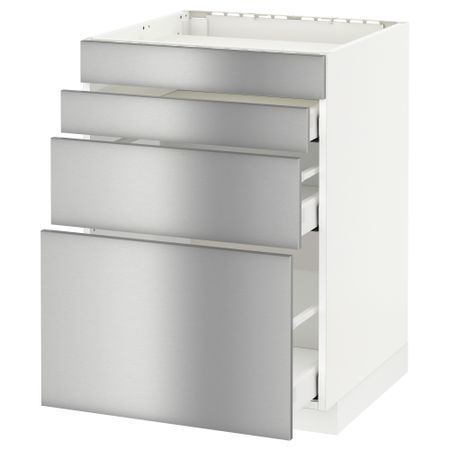 Напольный шкаф для духовки, 4фасада, 3 ящика МЕТОД / МАКСИМЕРА, белый, Гревста нержавеющ сталь