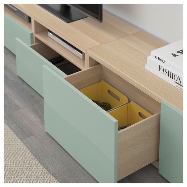 Шкаф для ТВ, комбинация БЕСТО, под беленый дуб, Сельсвикен глянцевый/серо-зеленый светлый (240x20/40x204 см) - фото 3