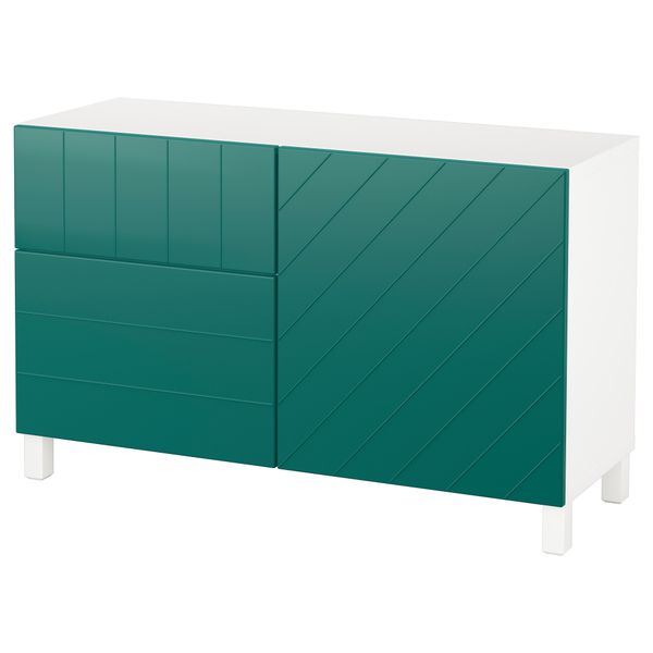 Комбинация для хранения с дверцами, ящиками БЕСТО, белый, Халлставик сине-зеленый (120x40x74 см) - фото 1