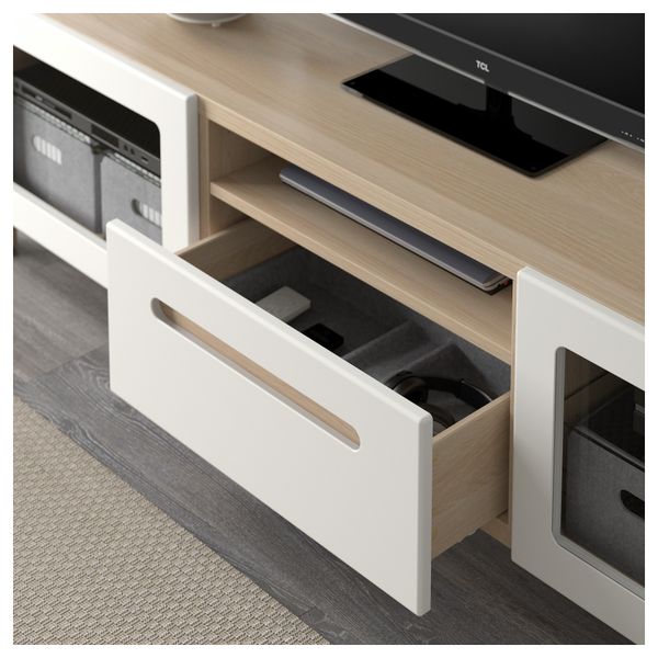 Тумба под ТВ БЕСТО, под беленый дуб, Марвикен белый прозрачное стекло (180x40x48 см) - фото 3