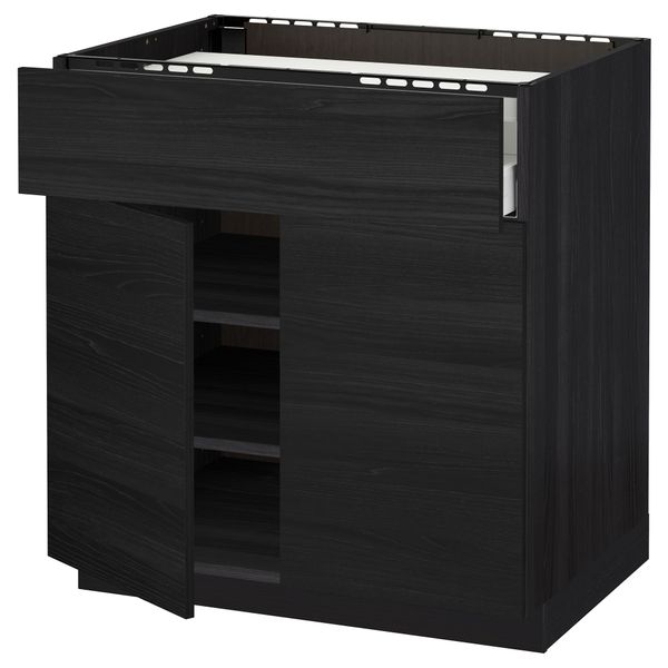Напольный шкаф для варочной панели, ящик, полка, 2 дверцы МЕТОД / МАКСИМЕРА, черный, Тингсрид черный - схема-чертеж с размерами