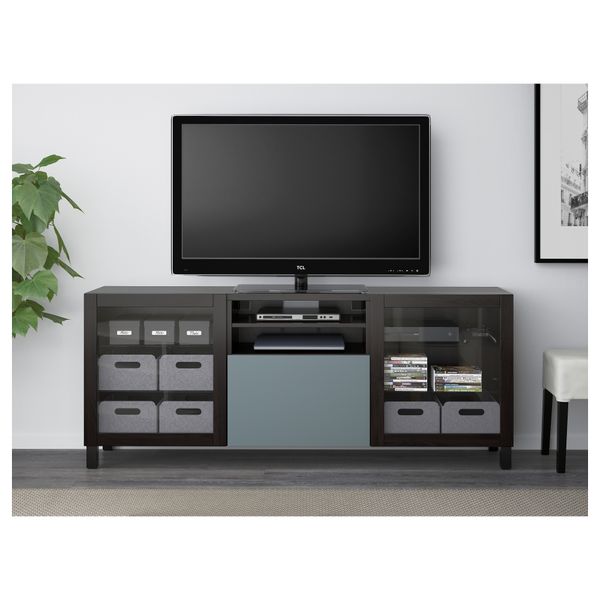 Тумба для ТВ с ящиками БЕСТО, черно-коричневый, Вальвикен серо-бирюзовый, прозрачное стекло (180x40x74 см) - схема-чертеж с размерами