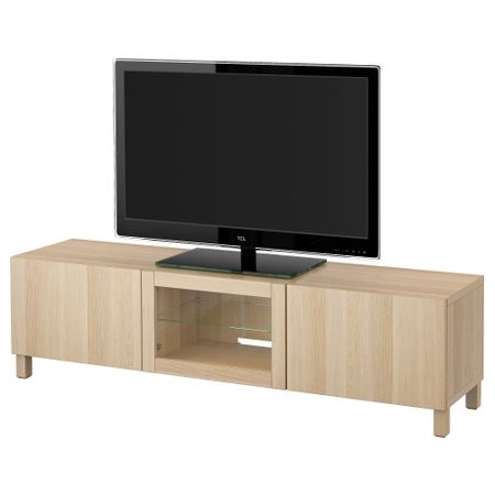 Тумба под ТВ с ящиками и дверцей БЕСТО, Лаппвикен под беленый дуб, прозрачное стелко (180x40x48 см)