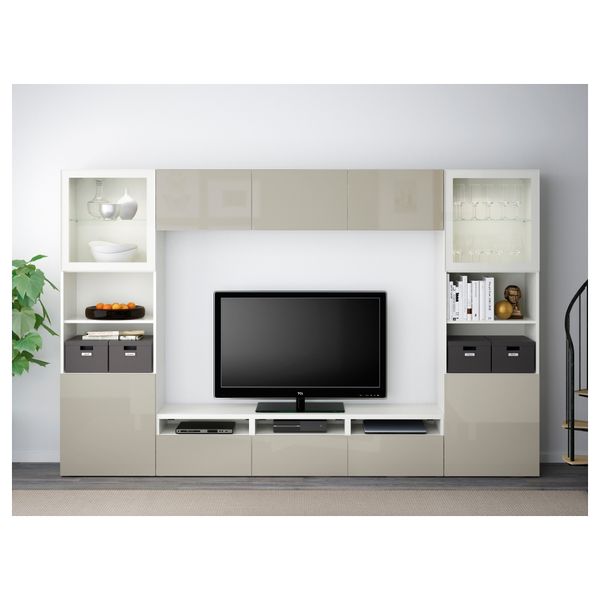 Шкаф для ТВ, комбинированный, стекляные дверцы БЕСТО, белый, Сельсвикен глянцевый/бежевый прозрачное стекло (300x40x192 см) - фото 2