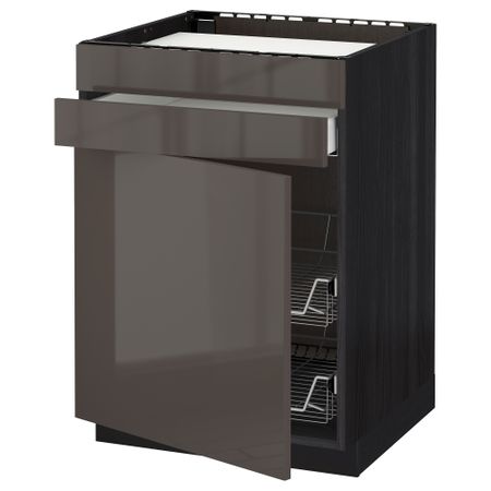 Напольный шкаф для варочной панели, ящик, 2 проволочных корзины МЕТОД / МАКСИМЕРА, черный, Рингульт серый (60x60 см)