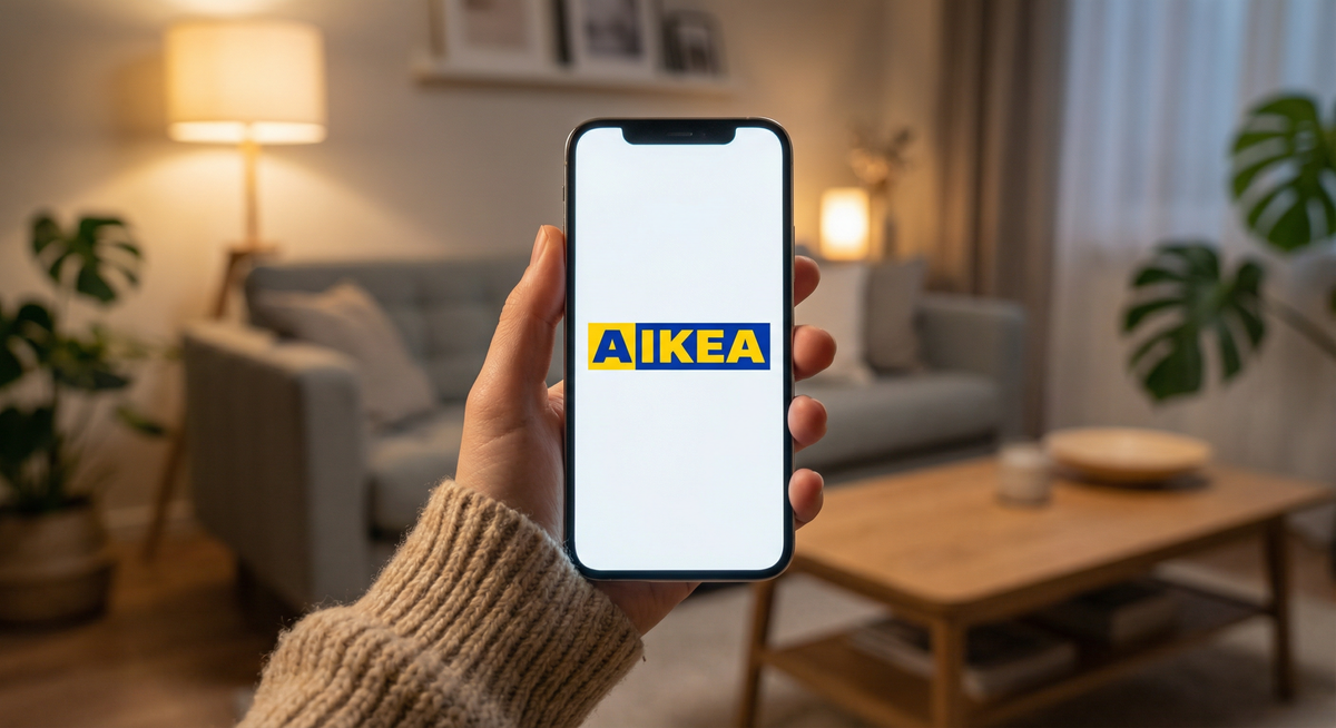 Смартфон в руке с крупным логотипом AIKEA