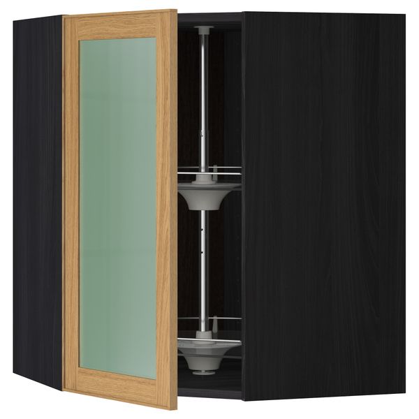 Угловой навесной шкаф с вращающающейся секцией, стеклянными дверцами МЕТОД, черный, Экестад дуб - схема-чертеж с размерами