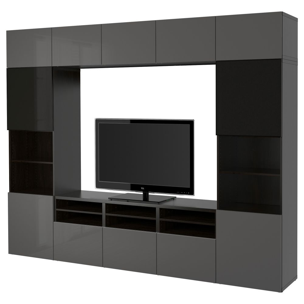 Шкаф для ТВ, комбинированный, стекляные дверцы БЕСТО, черно-коричневый, Сельсвикен глянцевый/серый дымчатое стекло (300x40x230 - фото 1