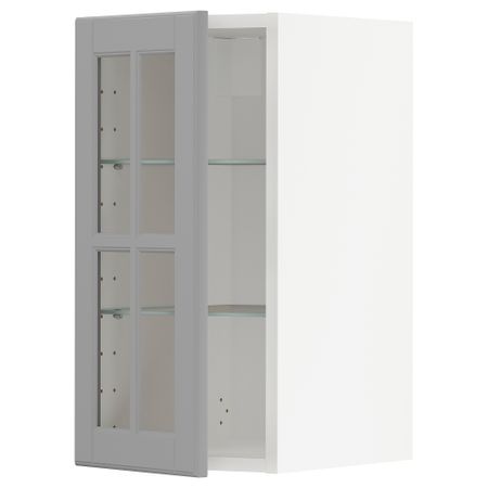 Навесной шкаф, полки, стеклянная дверца, белый, Bodbyn серый, 30x60 см IKEA METOD МЕТОД 593.949.67