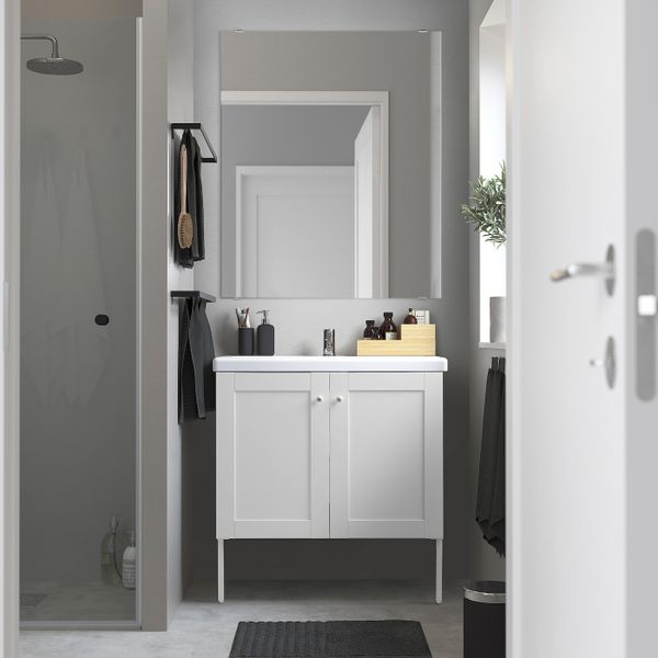 Комплект мебели для ванной,7 предм., Йельсен белый/ПИЛКОН смеситель 84x43x88 см IKEA FISKÅN ФИСКОН / TVÄLLEN ТВЭЛЛЕН 594.360.62 - схема-чертеж с размерами