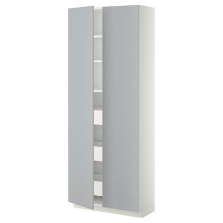 Высокий шкаф с ящиками, 2 дверцы МЕТОД / МАКСИМЕРА, белый, Веддинге серый (80x37x200 см)