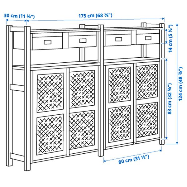 2 секции, полки, шкафы, 175x30x124 см, сосна, черный сетка IKEA IVAR ИВАР 895.080.95 - схема-чертеж с размерами