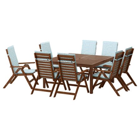 Стол + 8 кресел ЭПЛАРО, коричневая морилка, Нэстон голубой