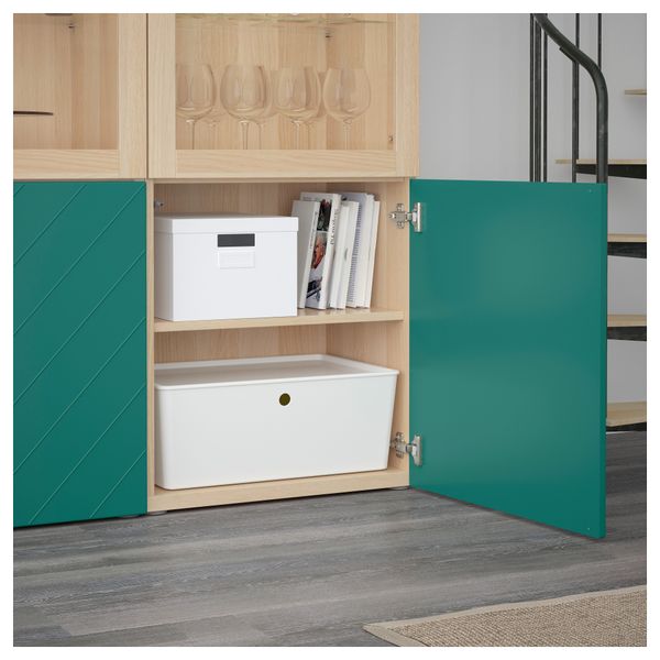 Комбинация для хранения со стеклянными дверцами БЕСТО, под беленый дуб Халлставик, сине-зеленый прозрачное стекло (120x40x192 - схема-чертеж с размерами