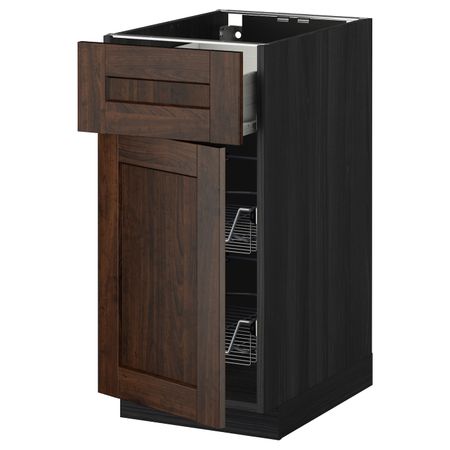 Напольный шкаф с проволочной корзиной/ящ/дверью, черный/Эдсерум коричневый 40x60 см IKEA МЕТОД / ФОРВАРА 092.616.82