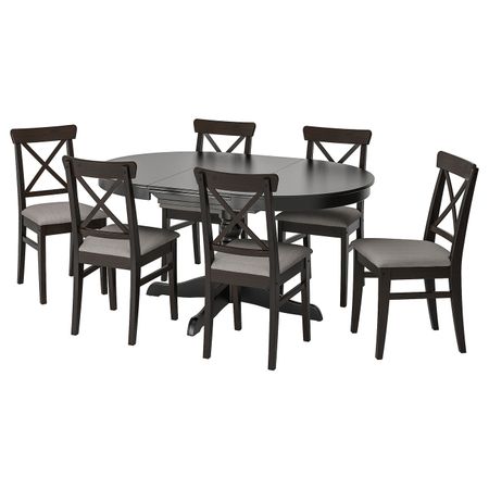 Стол и 6 стульев, черный/Нольхага серый-бежевый 110/155 см IKEA INGATORP ИНГАТОРП / INGOLF ИНГОЛЬФ 094.833.48