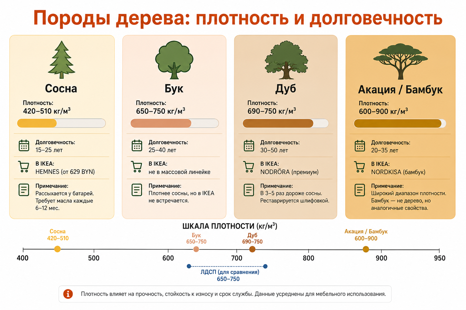 Сравнение пород дерева IKEA: плотность сосны, бука, дуба и бамбука — шкала от 420 до 900 кг/м³