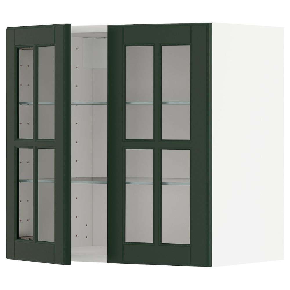 Навесной шкаф/полки/2стеклян двери, белый/Будбин темно-зеленый 60x60 см IKEA METOD МЕТОД 994.471.91 - фото 1