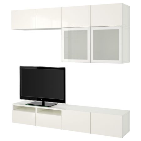 Шкаф для ТВ, комбинированный, стекляные дверцы БЕСТО, белый, Сельсвикен глянцевый/белый матовое стекло (240x40x230 см)
