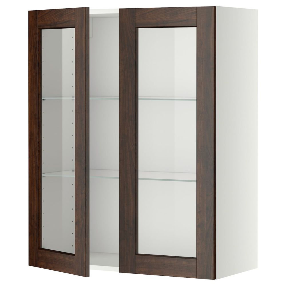 Навесной шкаф/полки/2стеклян двери, белый/Эдсерум коричневый 80x100 см IKEA METOD МЕТОД 294.470.43 - фото 1