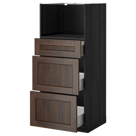Высокий шкаф для СВЧ с 3 ящиками МЕТОД / ФОРВАРА, черный, Эдсерум коричневый (60x60x140 см)